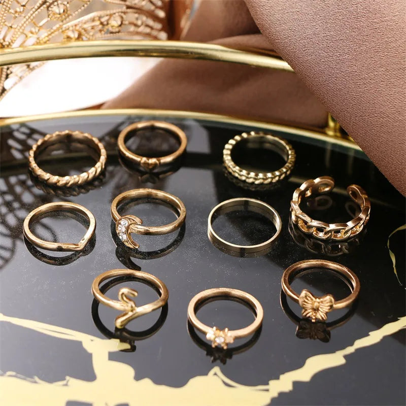 New Fashion Creative Geometric Leaf Wave Hollow Simple Gold Silver Women Rings Set Jewelry Gifts