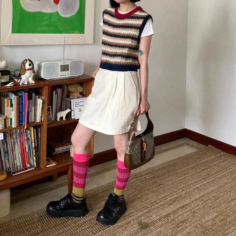 Autumn Winter Gradient Striped Colorful Retro Cotton Women High Tube Soft Sport Casual Calf Socks