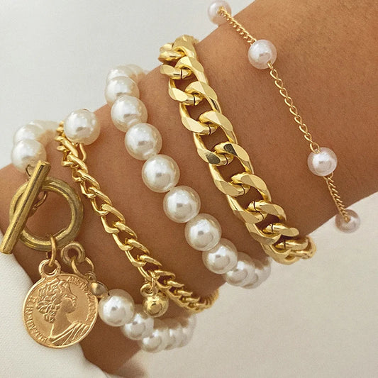 Boho Fashion Bracelets Women Vintage Geometric Pearl Human Head Coin Pendant Gold Jewelry Fall Gift