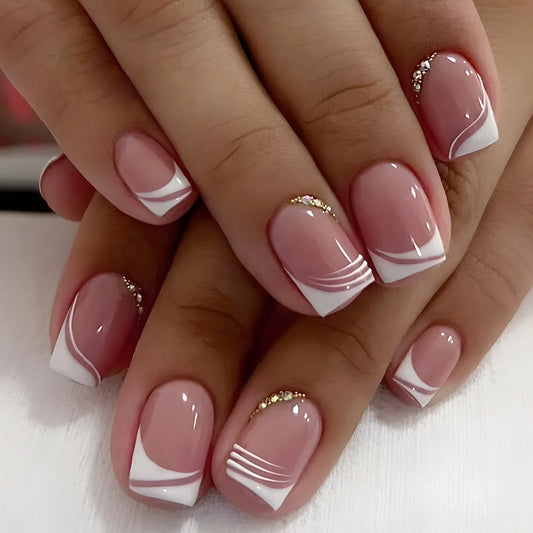 24pcs Simple Square Jelly Glue Gradient French Press on Fake False Nails Short Full Cover Nail Tips