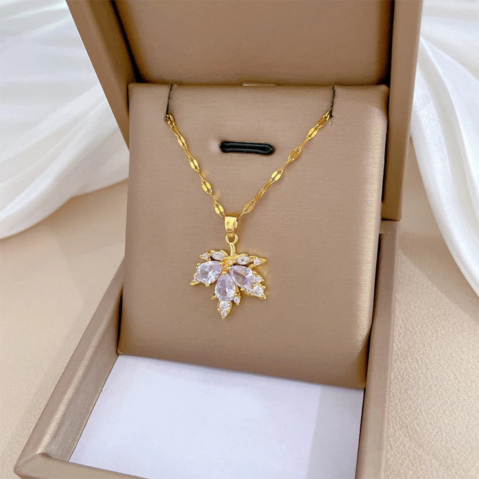 Luxury Shiny Zircon Maple Leaf Earring Necklace Jewelry Set Exquisite Titanium Steel Women Gift