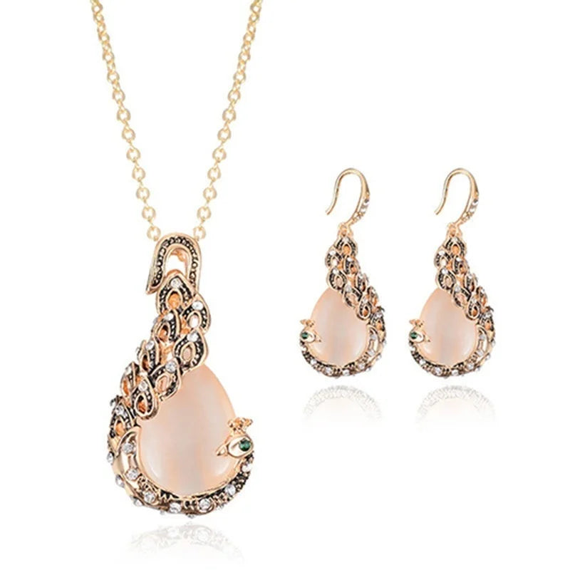 Women Elegant Waterdrop Rhinestone Pendant Necklace Hook Earrings Gold Jewelry Set Gift