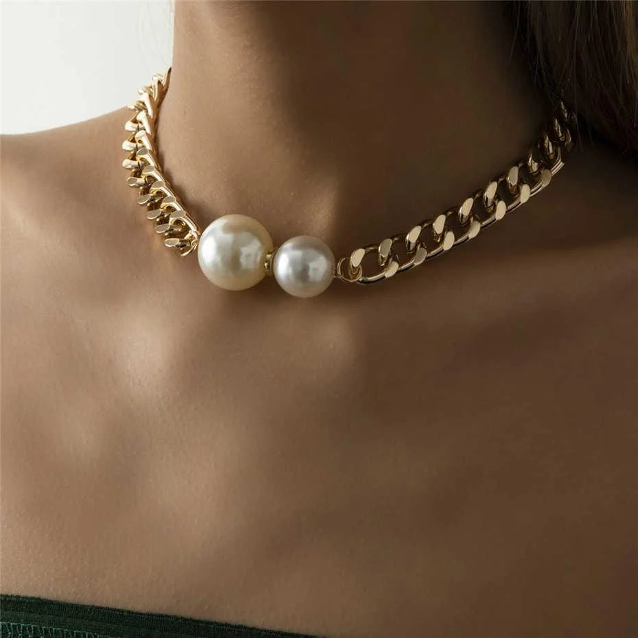 Korean Fashion Smooth Cuban Round Pearl Pendant Chain Gold Women Necklace Choker Jewelry Gift