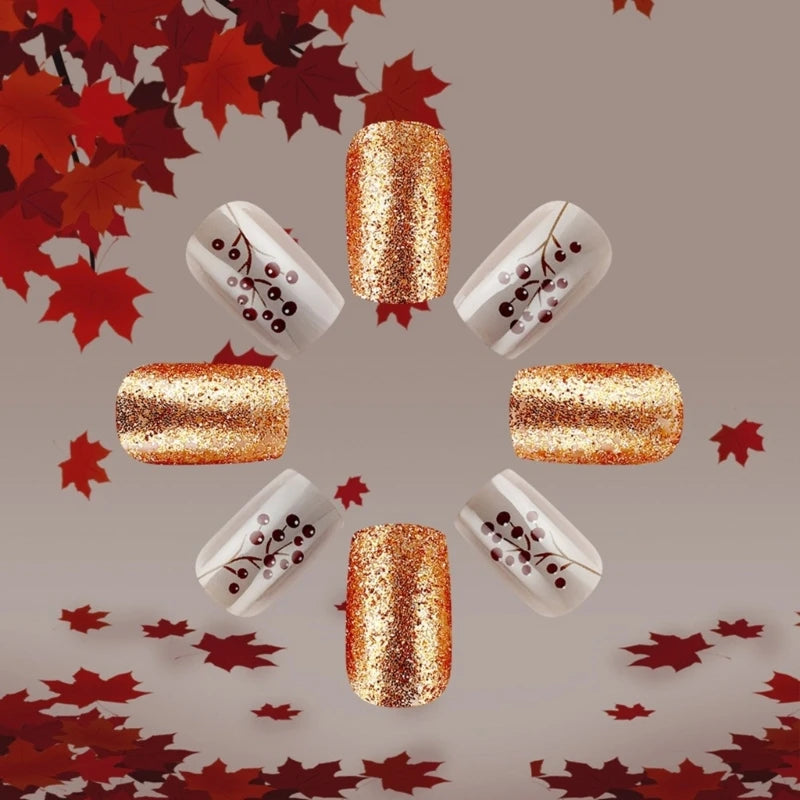 24pcs Maple Leaves Short Autumn Winter Fall Gold Red Full Cover Press On Nails False Nails