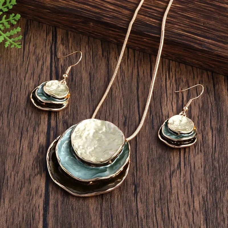 New Vintage Irregular Earring Necklace Circular Pendants Layered Aesthetic Women Jewelry Set Gift