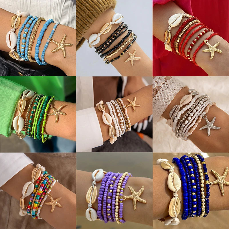 7pcs/Set Bohemia Shell Starfish Sand Beach Measle Multilayer Women Bracelet Set Jewelry Gift