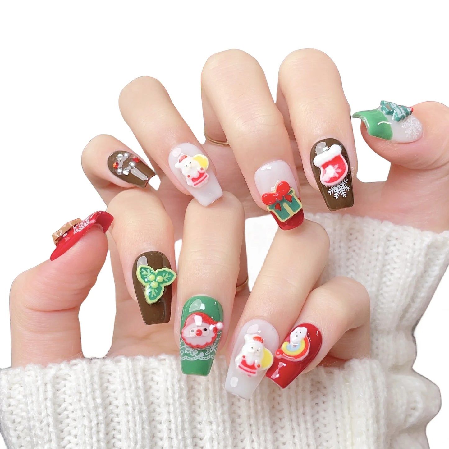 Handmade Short Christmas Snowman Little Deer Design Advanced Wearable Fake Nails Press On Nails Gift