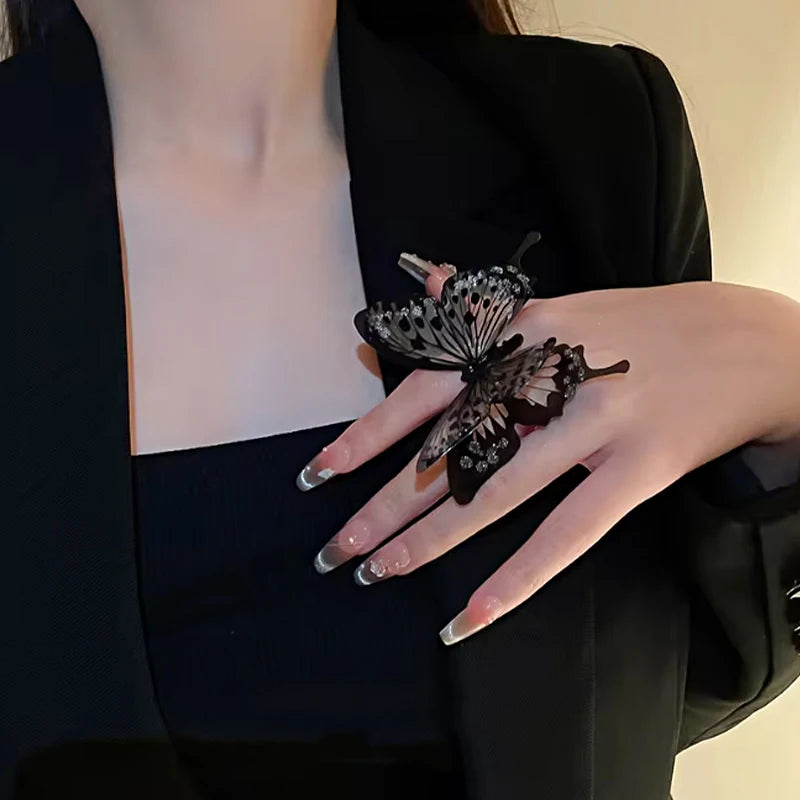 Punk 3D Large Butterfly Women Fashion Exaggerated Adjustable Gothic Rings Halloween Fall Jewelry