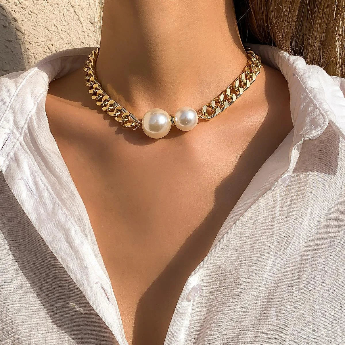 Korean Fashion Smooth Cuban Round Pearl Pendant Chain Gold Women Necklace Choker Jewelry Gift