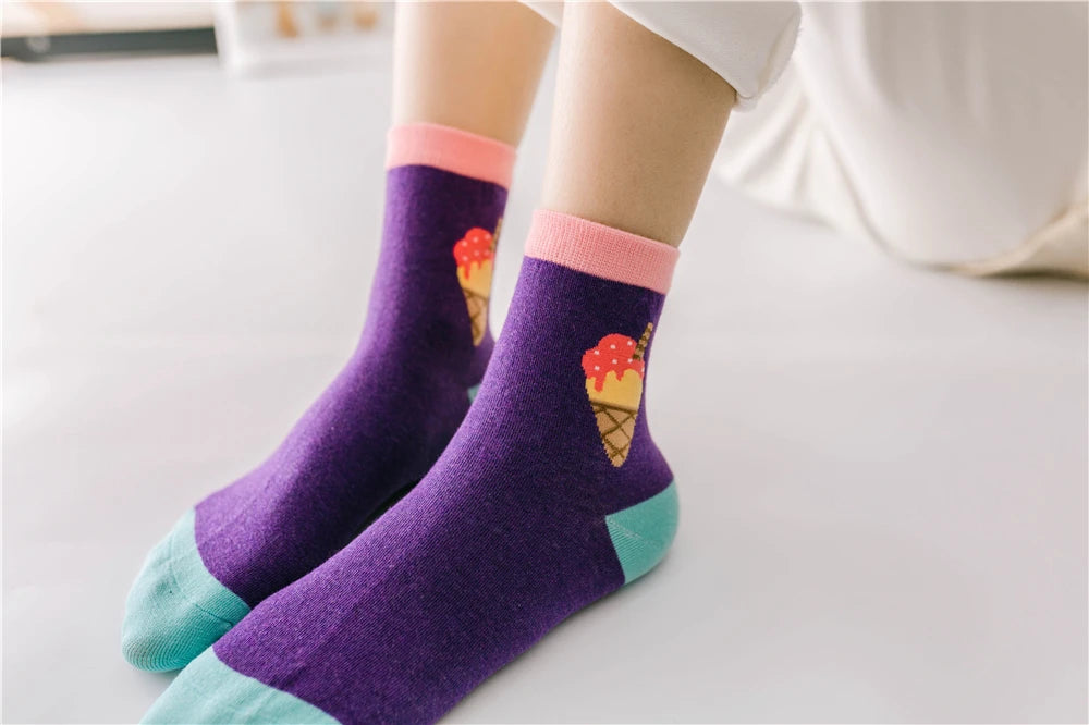 New Women Cartoon Burger Fries Pizza Cola Ice Cream Cake Patterned Funny Unisex Socks Christmas Gift