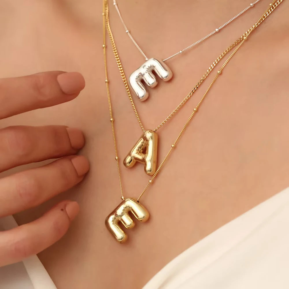 Delicate Chunky Alphabet Balloon Bubble Initial Letter Pendant Women Gold Stainless Steel Necklaces