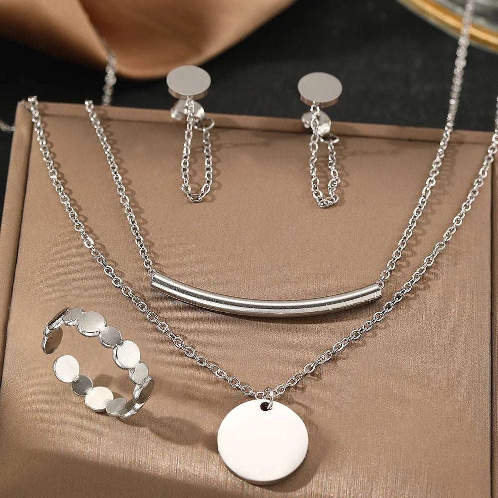 Round Ring Tassel Earrings Double Layers Necklace Simple Ring Gold Silver Women Jewelry Set Gift