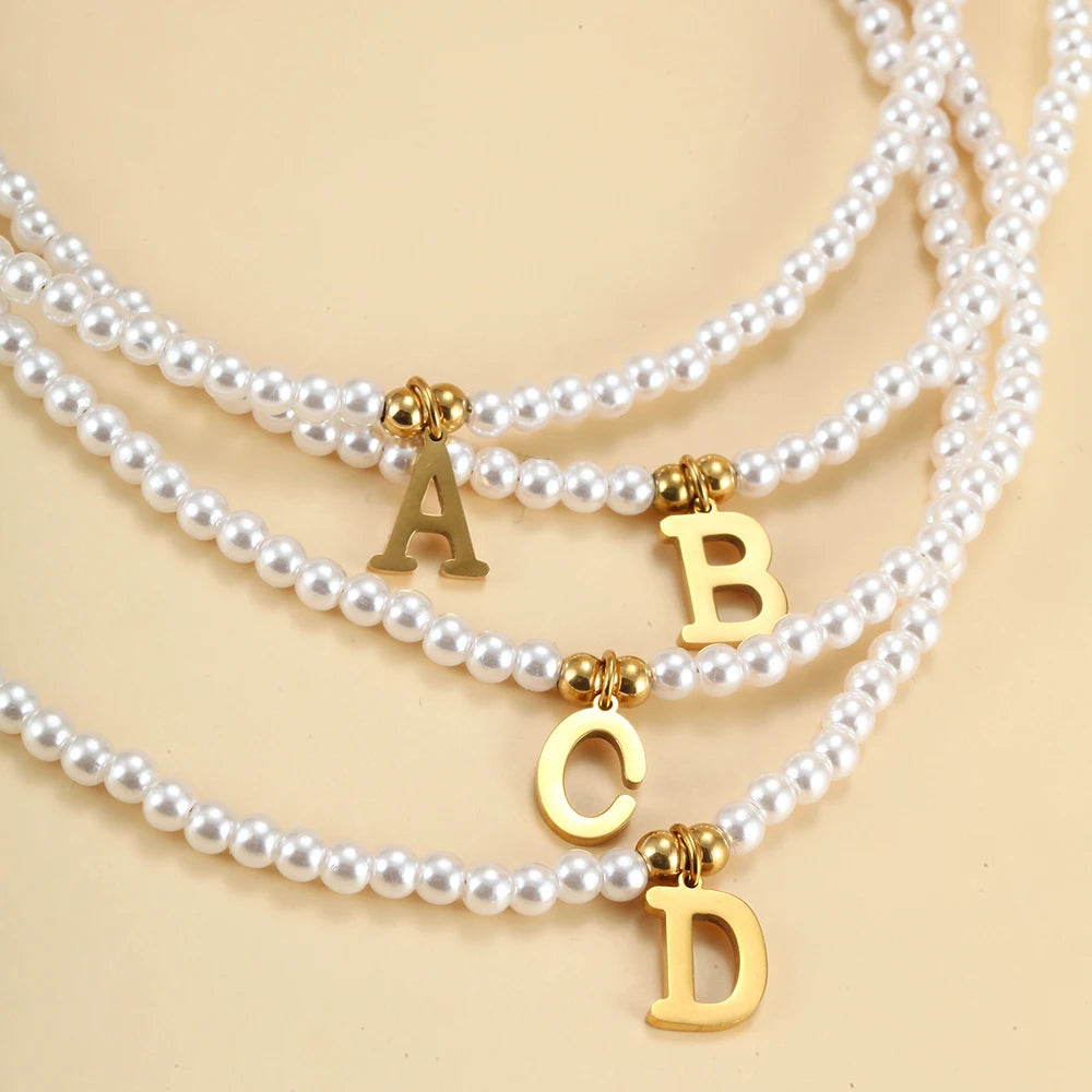 Stainless Steel Letters Initial Pendant DIY Name Simulated Pearls Bead Women Necklaces Choker Gift