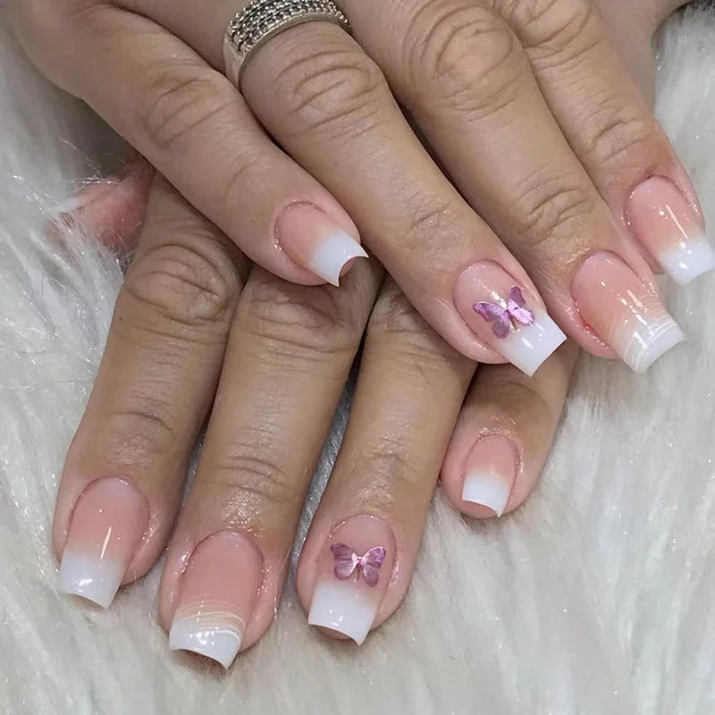 24pcs Simple Square Jelly Glue Gradient French Press on Fake False Nails Short Full Cover Nail Tips