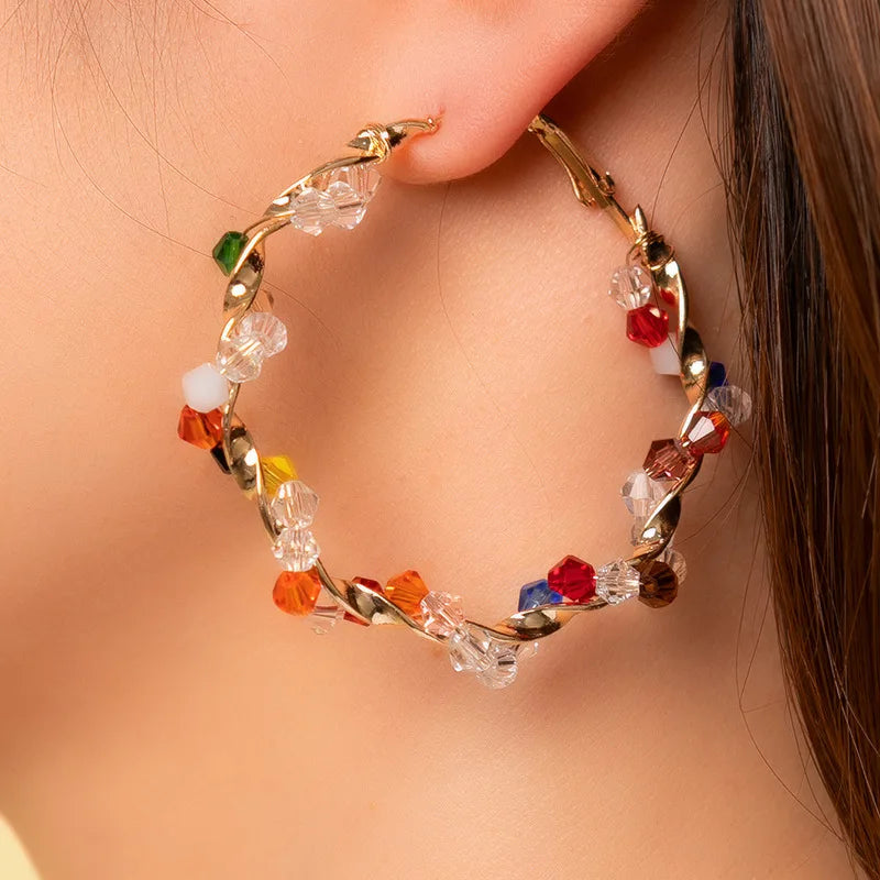 Bohemian Random Colorful Crystal New Fashion Big Round Circle Statement Gold Women Hoop Earrings