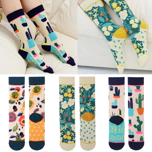 Autumn Winter Fall Trendy Plant Cactus Graffiti Cotton Fashion Women Men Stockings Straight Socks