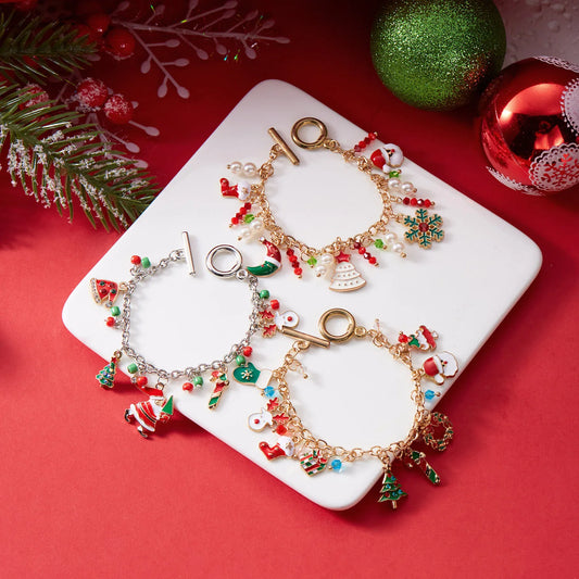 Creative Christmas Tree Snowflake Snowman Pearl Santa Claus Metal Chain Women Bracelet Bangle Gift