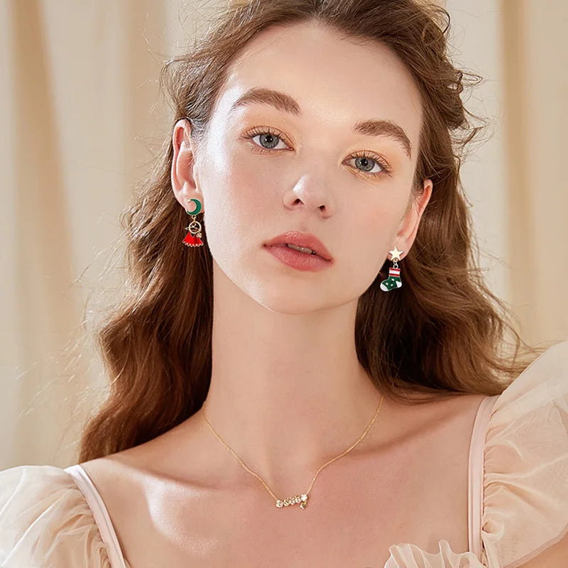 Fashion Christmas Green Bowknot Bell Pendant Exquisite Elk Wind Chimes Dangle Women Earrings Gifts