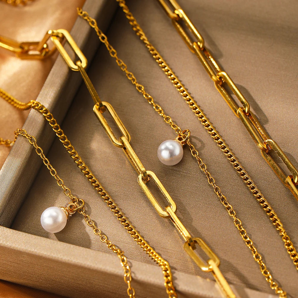 Elegant Delicate Pearl Pendant Luxury Multi-Layer Gold Silver Women Necklace Bracelet Jewelry Set