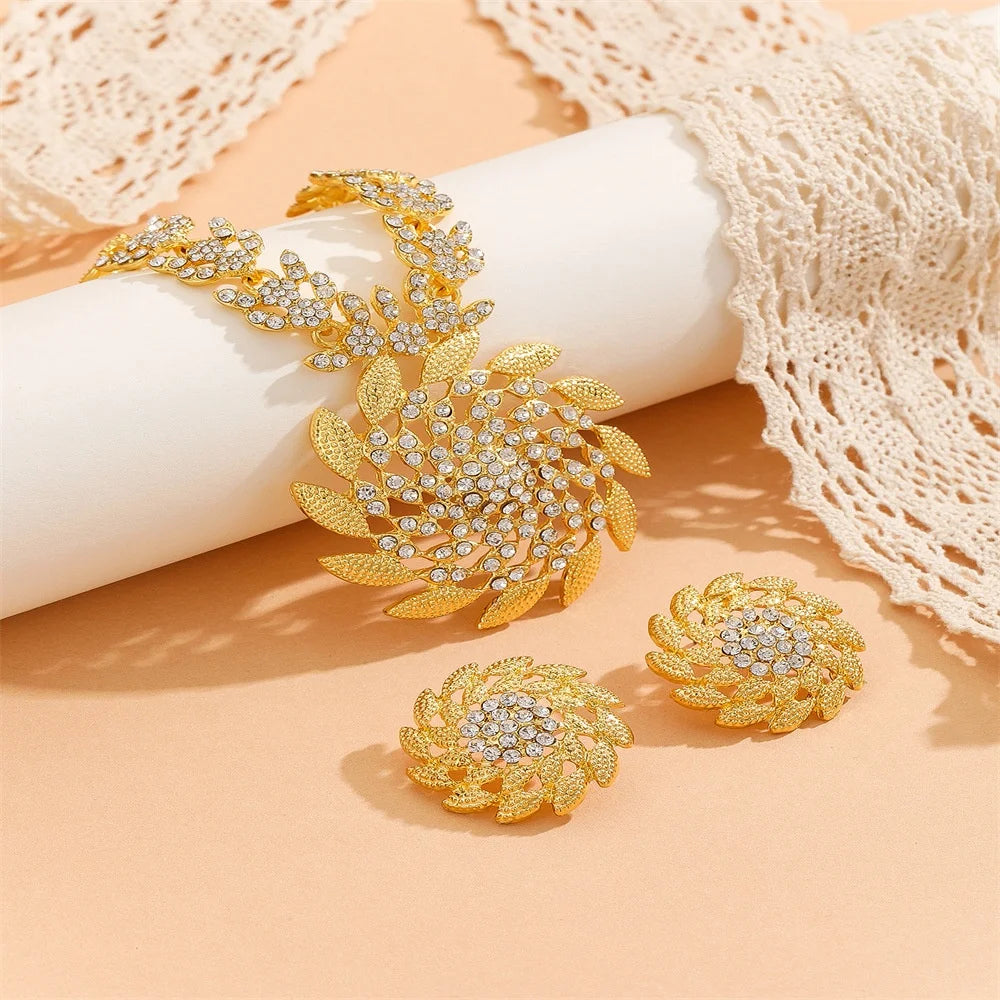 Fashion Sunflower Gold Women Earrings Necklace Jewelry Set Wedding Party Accessories Gift