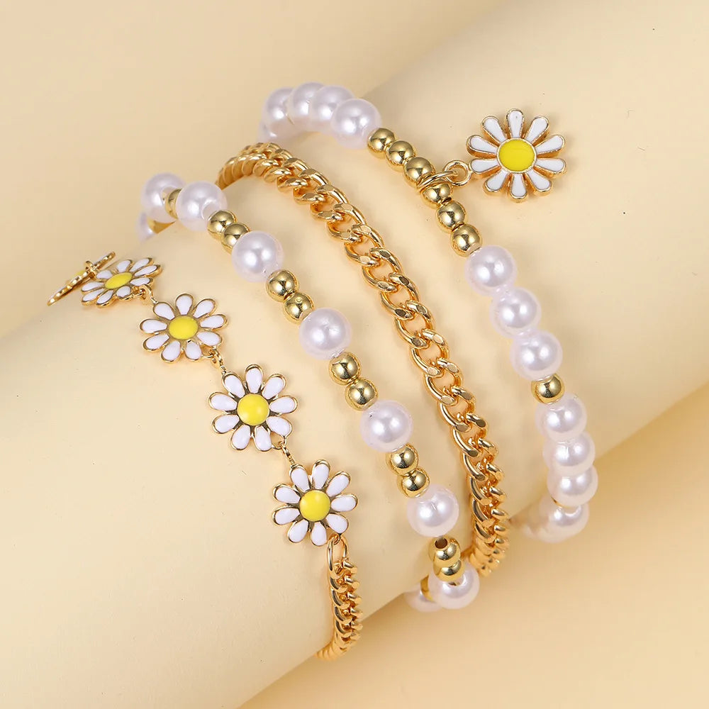 4pcs Vintage Small Daisy Flower Gold Pendant Pearl Bohemian Beaded Enamel Women Bracelet Set Gifts