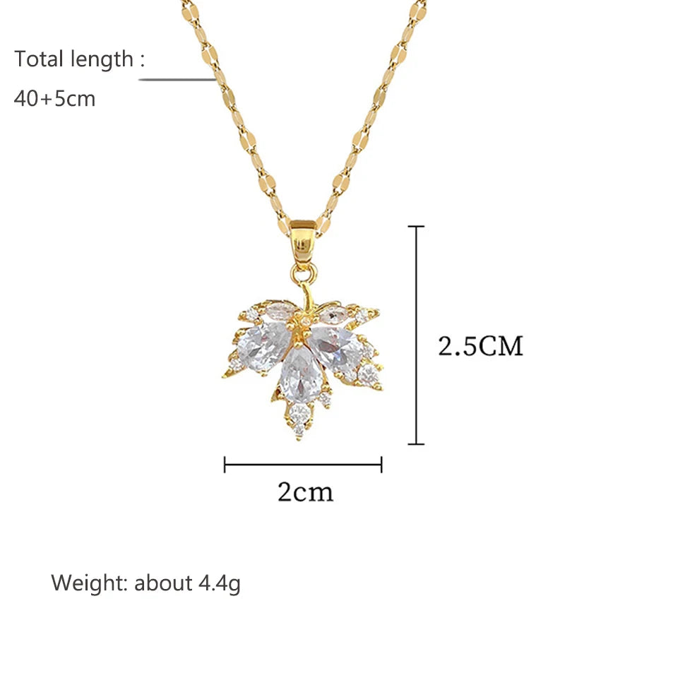 Luxury Shiny Zircon Maple Leaf Earring Necklace Jewelry Set Exquisite Titanium Steel Women Gift