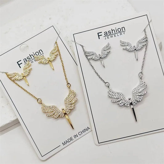 Fashionable Cute Micro-embellished Angel Wings Pendant Women Clavicle Necklace Earrings Jewelry Set