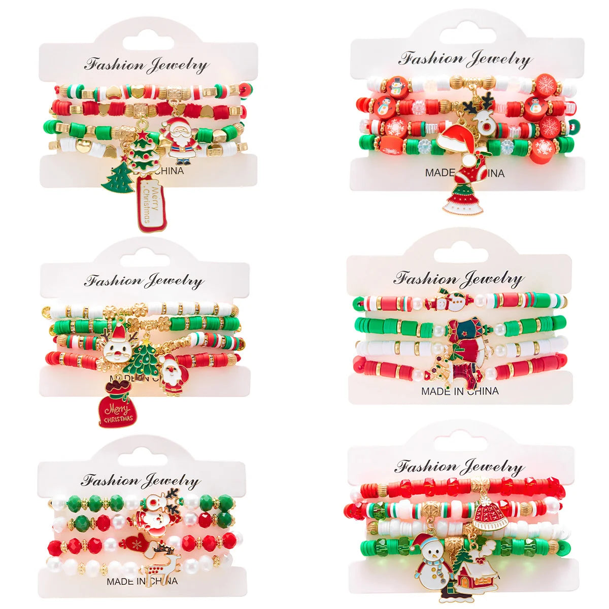 4pcs Merry Christmas Tree Santa Claus Deer Crystal Polymer Clay Beads Woven Women Bracelet Jewelry