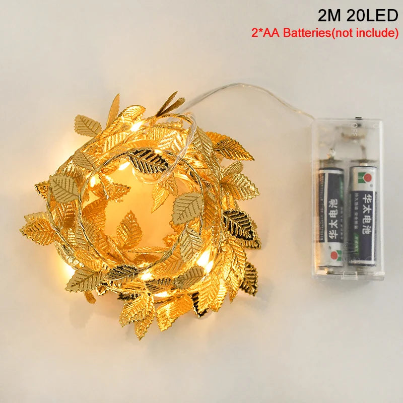 2M 20LED Gold Leaves Artificial Plant String Lights Christmas Birthday Party Home Garden Decoration