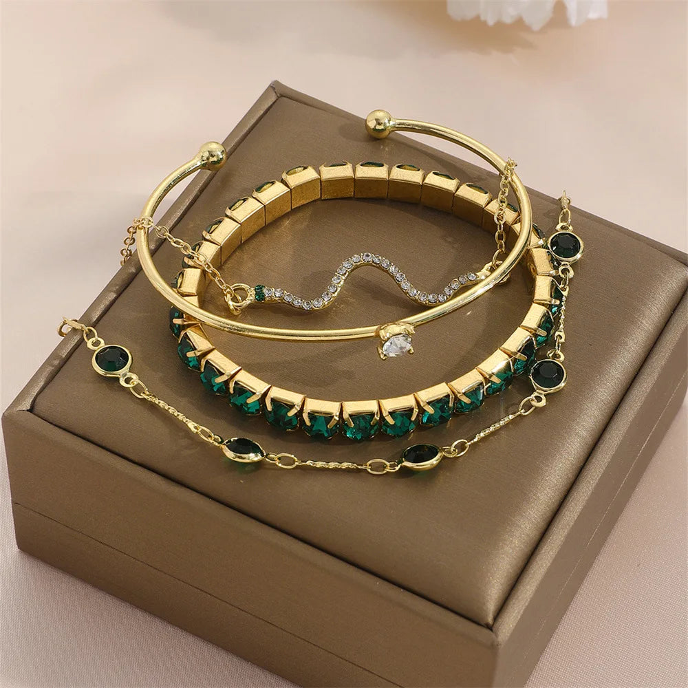 4pcs Fashion Snake Green Gemstone Rhinestone Full Metal Women Bangle Bracelet Christmas Jewelry Gift