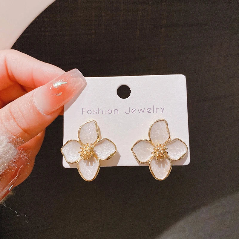 Hibiscus Dropped Glaze Flower Stud French Vintage Fashion Korean Gold Women Earrings Jewelry Gifts