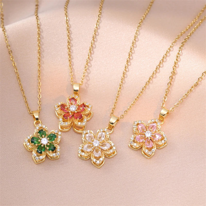 Exquisite Rotating Flower Shiny Zircon Pendant Charm Gold Clavicle Women Chain Choker Necklace Gifts