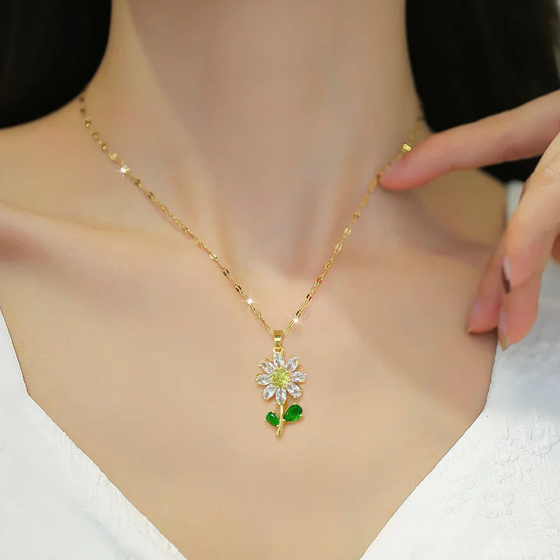 Classic Green Leaf Flower Necklace Earrings Set Light Luxury Sunflower Gold Jewelry Set Gift