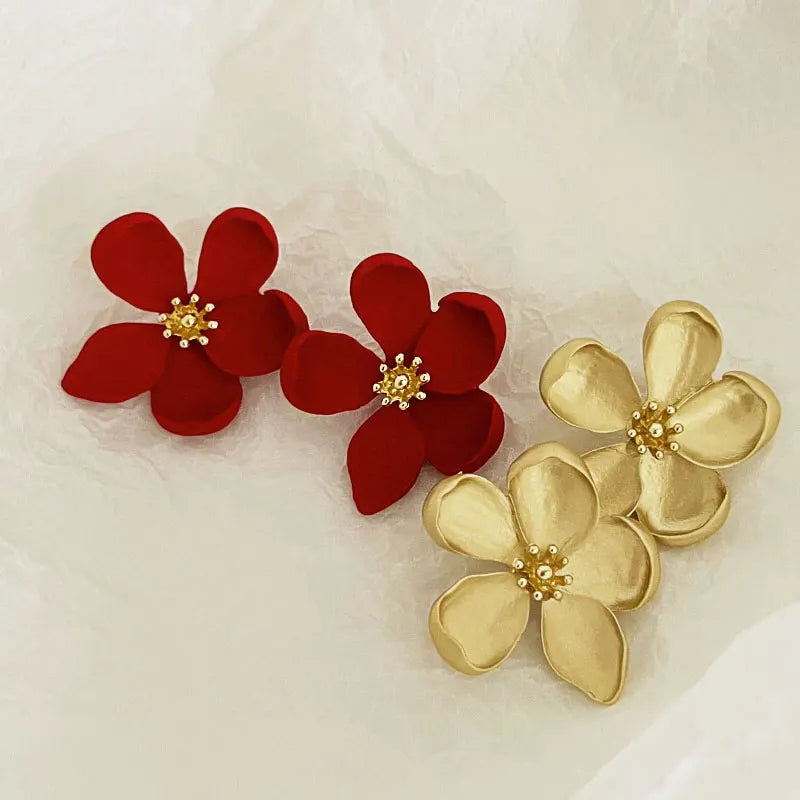 Vintage Fashion Gold Red Matte Texture Metal Flower Women Earrings Jewelry Gifts