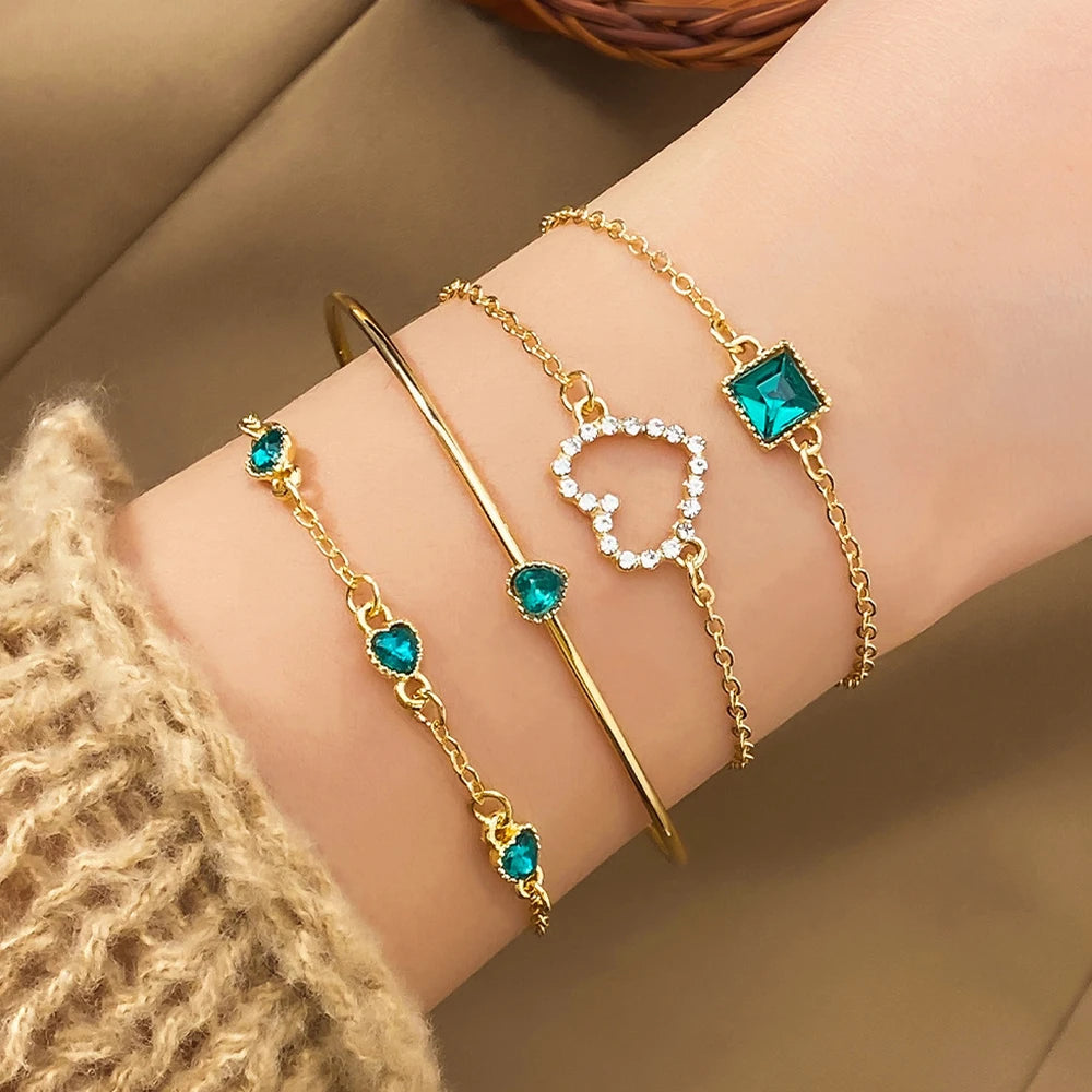 4pcs/Set Fashion Snake Imitation Gemstone Rhinestone Metal Women Bangle Bracelet Set Jewelry Gift