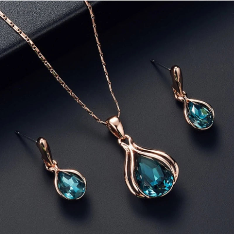 Fashion European American Zhihai Creative Geometric Blue Green Water Drop Women Earring Necklace Set