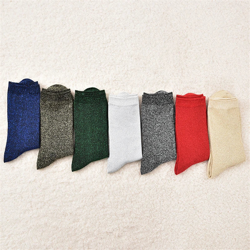 Women Style Gold Silver Silk Material Glitter Tube Solid Color Shiny High Elastic Christmas Socks