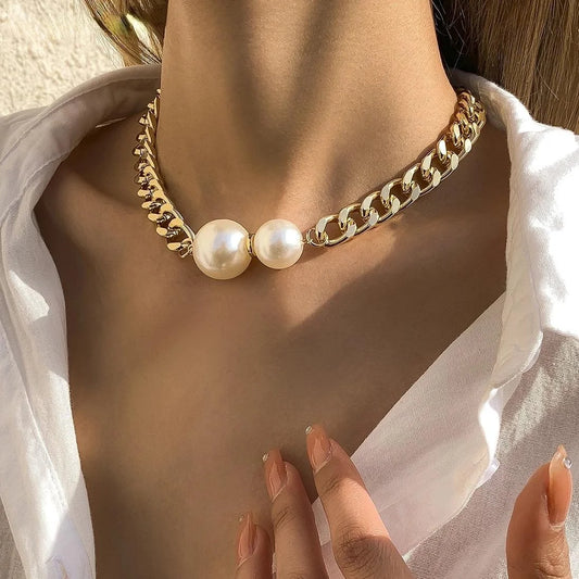 Korean Fashion Smooth Cuban Round Pearl Pendant Chain Gold Women Necklace Choker Jewelry Gift