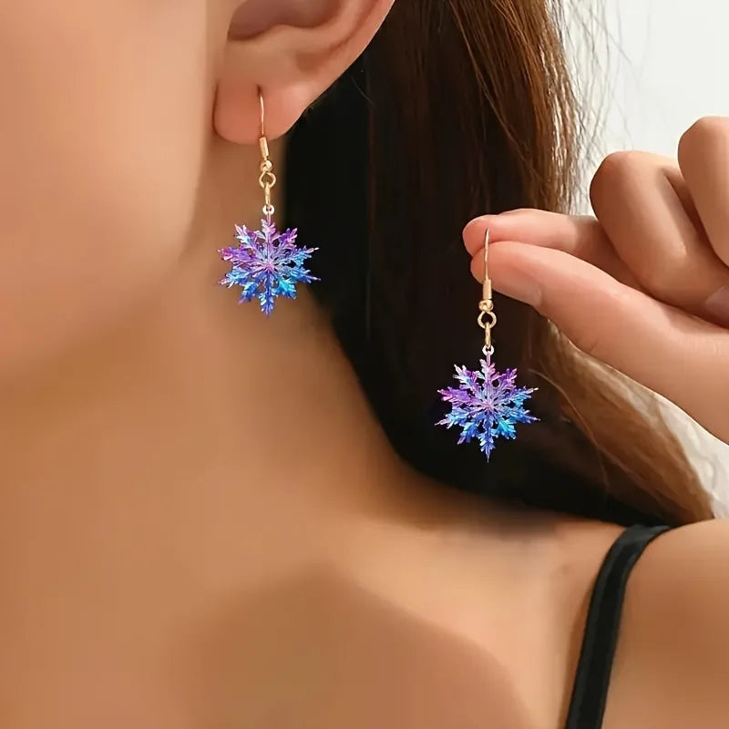 Exquisite Fashion Inlaid White Blue Zircon Blue Metal Snowflake Women Dangle Earrings Jewelry Gifts