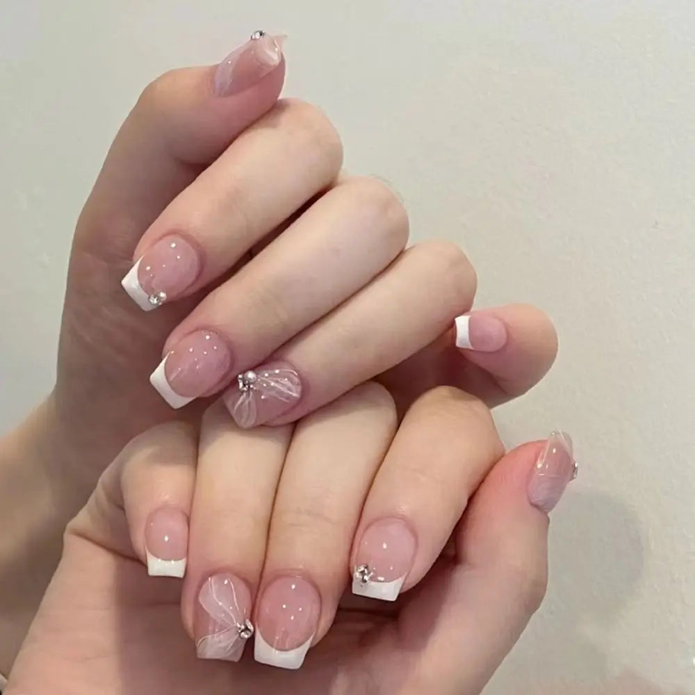24pcs Short Round French Sparkling Pearl Wavy Love Heart Full Cover Detachable False Press On Nails