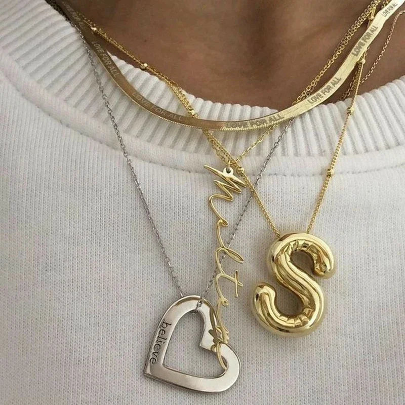 Delicate Chunky Alphabet Balloon Bubble Initial Letter Pendant Women Gold Stainless Steel Necklaces