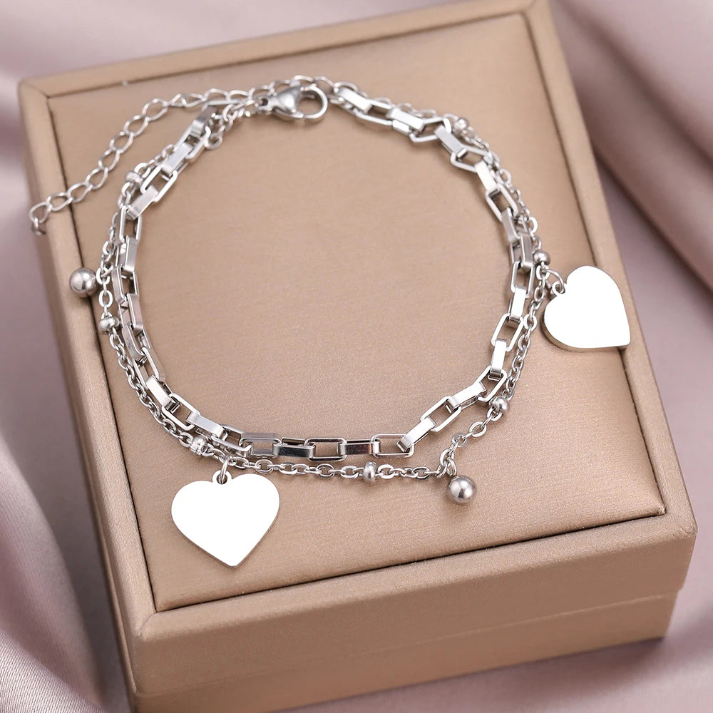 Stainless Steel Bracelets Personality Design Bell Hearts Pendant Beads Layer Chain Kpop Fashion Bracelet For Women Jewelry Gifts