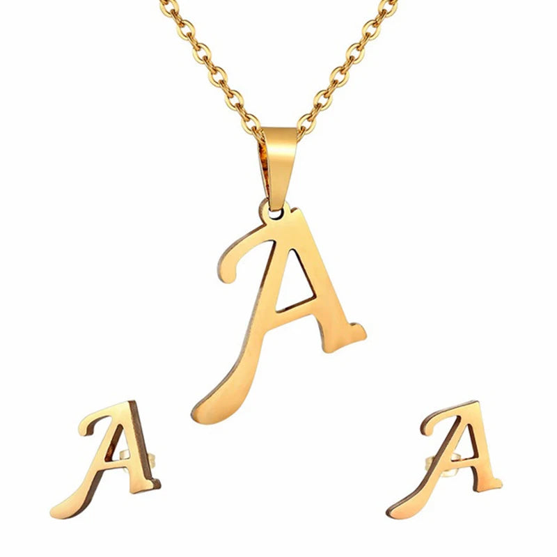 Alphabet Initial 26 English Letter Personalized Gold Silver Women Earrings Necklace Jewelry Set Gift