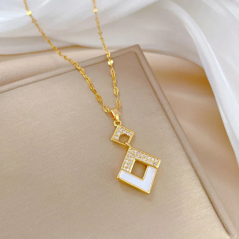 Crystal Enamel Square Pendant Gold Women Necklace Earring Jewelry Set Gift