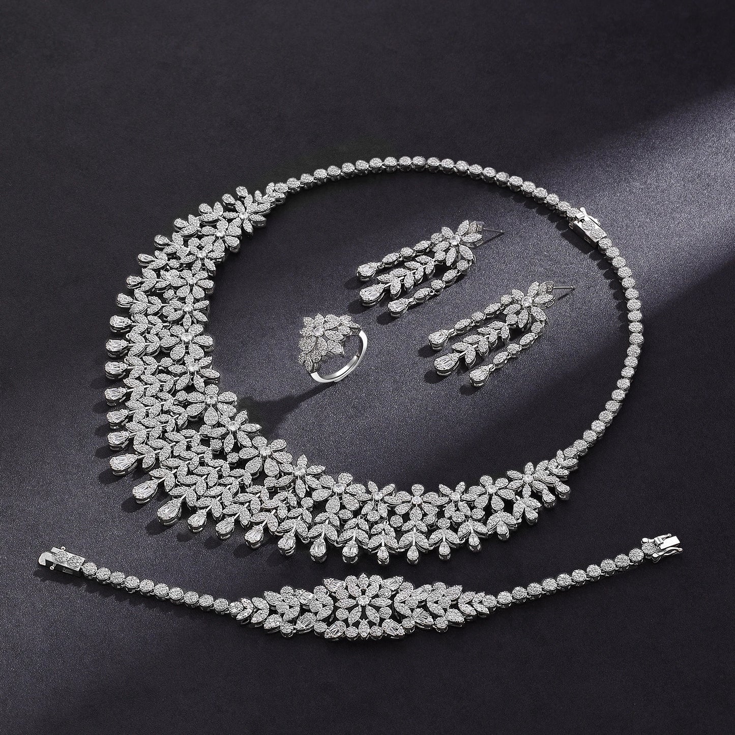 4pcs Bridal Zirconia Crystal Silver Women Earrings Necklace Bracelet Ring Full Jewelry Sets