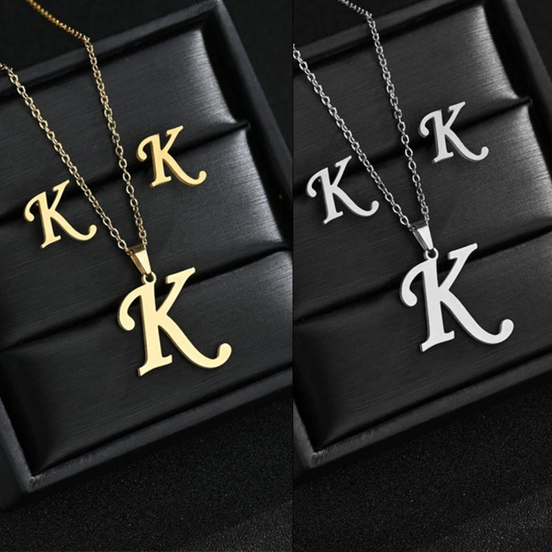 Alphabet Initial 26 English Letter Personalized Gold Silver Women Earrings Necklace Jewelry Set Gift