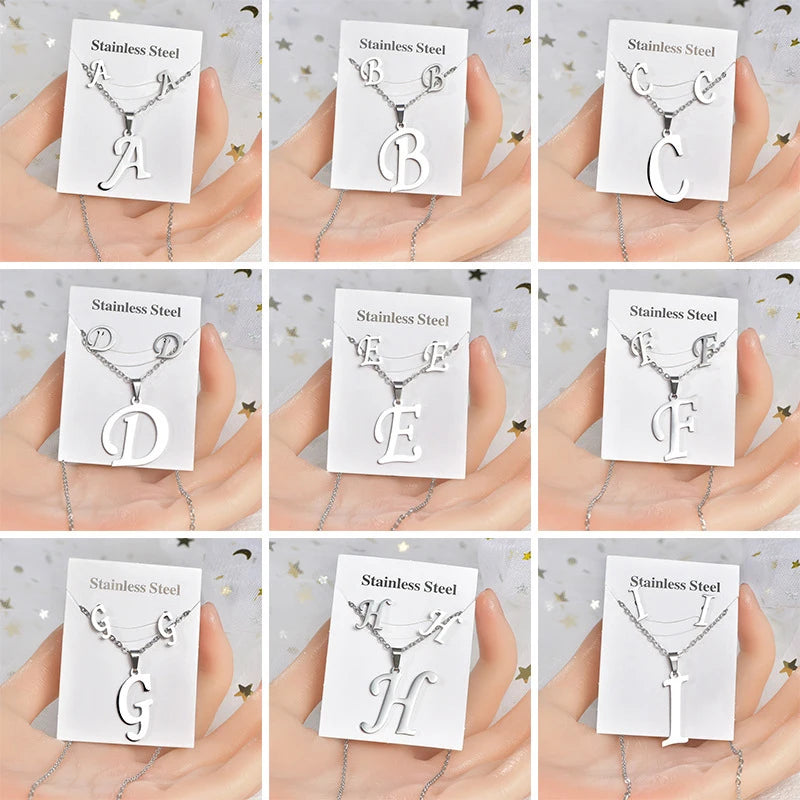 Alphabet Initial 26 English Letter Personalized Gold Silver Women Earrings Necklace Jewelry Set Gift