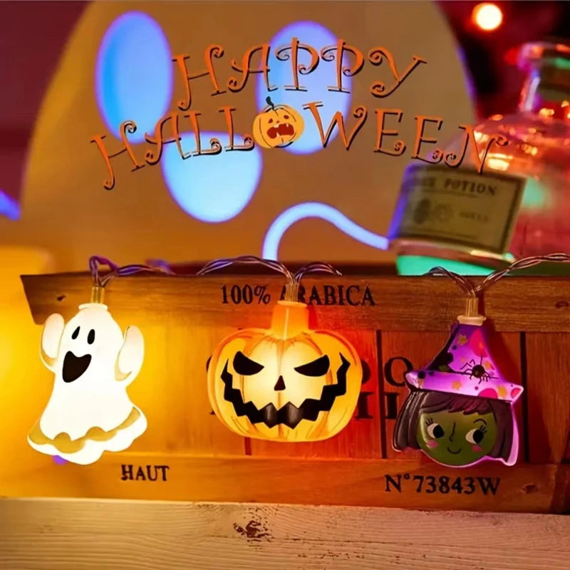 Halloween Party LED String Hanging Lights Pumpkin Ghost Spider Web Halloween Home Decoration Props