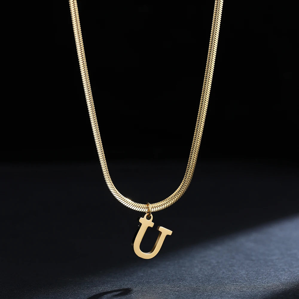 A-Z Alphabet Gold Stainless Steel Pendant Women Snake Chain Initial Letter Necklace Fall Jewelry