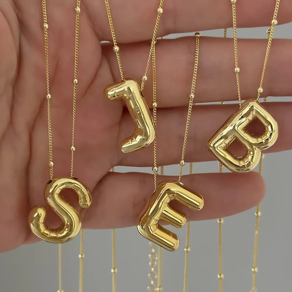 Delicate Chunky Alphabet Balloon Bubble Initial Letter Pendant Women Gold Stainless Steel Necklaces